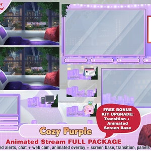 animated purple cozy city twitch package, cute twitch overlays, aesthetic, panels, alerts, webcam scene, screen, room, neon, streamer pack