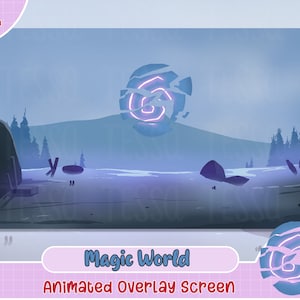 animated magic world twitch overlay, brb, offline, starting soon, animated twitch cute premade, template, spiral, blue, purple, rpg games
