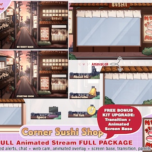 animated corner sushi shop japan city twitch package cute twitch overlays, panels, alerts, food, streamer stream overlay, cute cam, vtuber
