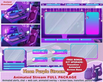 animated neon purple stream twitch package, cute twitch overlay, aesthetic, panels, alerts, room overlay, streaming, web cam, premade twitch