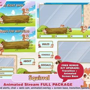 Animated squirrel chipmunk woodland twitch package, kawaii twitch overlay, panels, alerts, streamer pack, gaming, forest, web cam, cute, art