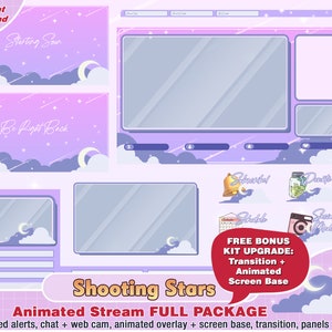 animated shooting stars twitch package, kawaii twitch overlay, aesthetic purple, panels, alerts, moon, cloud, pastel, meteor, webcam, stream