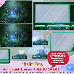 animated magical boo forest twitch package, cute twitch overlay, panels, alerts, youtube overlays, dark, simple, stream webcam scene, green
