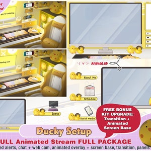 animated ducky yellow setup twitch package, cute twitch overlays, aesthetic, panels, alerts, kawaii stream, streamer pack, webcam chicken