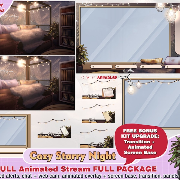 animated cozy starry night cute twitch package for streamer to stream: overlays, panels, alerts, transition, chat game webcam border overlay