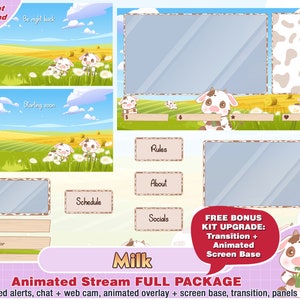 geanimeerde chibi koemelkveldgras twitch-pakket, kawaii twitch-overlays, twitch-panelen, twitch-waarschuwingen, schattig, groen, webcam, dier, chibi