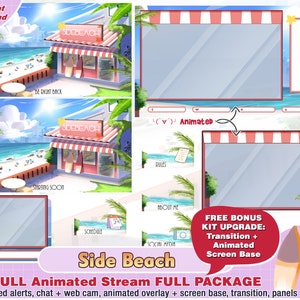 paquet de twitch de boutique de plage animée en bord de mer, superposition de twitch mignon, panneaux, alertes, scène de webcam, pack de streamer, superposition de flux, bleu, été