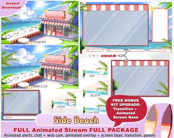 animated beach seaside shop twitch package, cute twitch overlay, panels, alerts, webcam scene, streamer pack, stream overlay, blue, summer