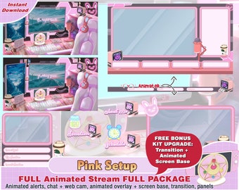 animated pink setup sailor moon twitch package, cute twitch overlay, aesthetic, panels, alerts, room overlay, web cam, premade discord chat