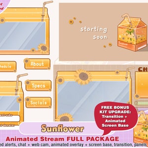 animated cute kawaii sunflower yellow drink twitch package for streamer to stream pack overlay, twitch  overlays, panels, alert, transition