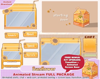 animated cute kawaii sunflower yellow drink twitch package for streamer to stream pack overlay, twitch  overlays, panels, alert, transition