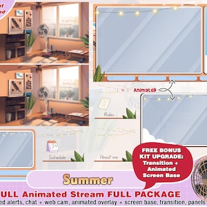 animated summer cozy room twitch package, kawaii twitch overlay, panels, alerts, web cam, streamer pack, stream overlays, vtuber cute banner
