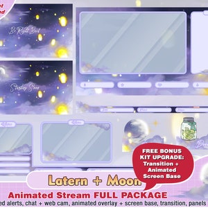 animated lantern full moon twitch package, cute twitch overlay, aesthetic, panels, alert, discord overlays, sky, cloud, simple, webcam scene