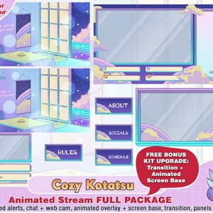 animated cozy kotatsu twitch package: twitch cam overlays, panels, alerts, webcam, stream, cute, kawaii, room, night, streamer pack, purple