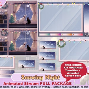 animated kitty cat snowing twitch package: twitch cam overlays, panels, alerts, streamer pack, cute overlay, night, Christmas, transition