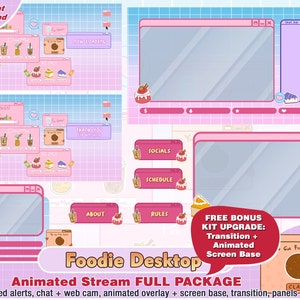 animated foodie desktop twitch package: cam twitch overlays, panels, alerts, webcam, stream, cute, kawaii, pack, dessert, pink, cake, cookie