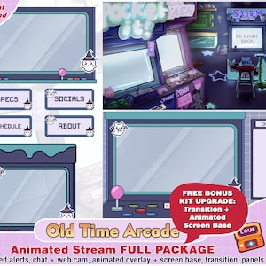 animated cute old arcade twitch package for vtuber streamer or twitch stream pack, twitch overlays, panels, alerts, border cam, game, scene