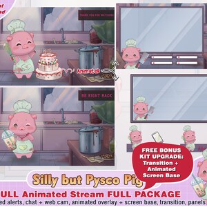 Transmisión animada Paquete Twitch Stream lindo tonto pero psicópata, superposiciones de transmisión de contracción de cerdito, paneles, alertas, superposición de contracción oscura, horror