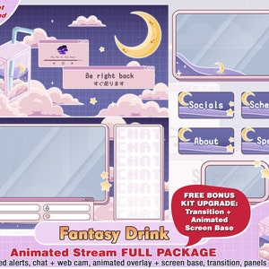 Animated Fantasy Drink twitch package include twitch overlay, panels, alerts, cute overlays, streamer pack, aesthetic, pastel cute moon star