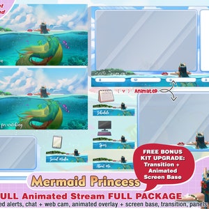 animated mermaid princess twitch package: kawaii twitch overlays, panel, alerts, streamer pack, ocean sea, webcam layout cute youtube stream
