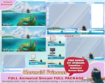 animated mermaid princess twitch package: kawaii twitch overlays, panel, alerts, streamer pack, ocean sea, webcam layout cute youtube stream