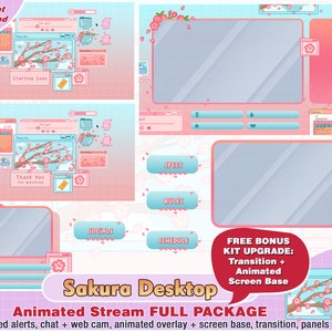 paquete de contracción de escritorio animado de sakura para streamer a paquete de transmisión: lindas superposiciones de contracción, paneles, alertas, transición, borde de cámara web, diseño