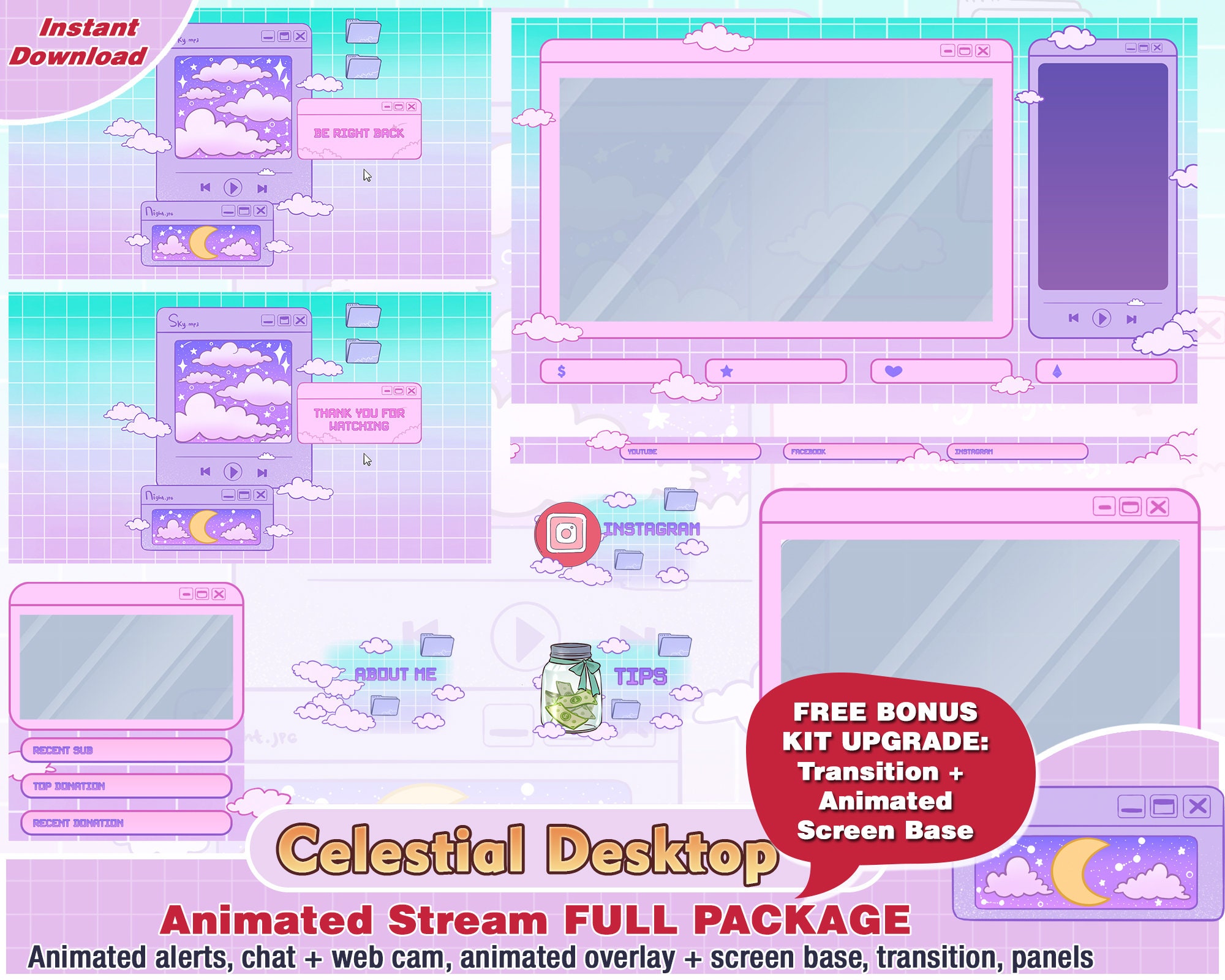 animated purple desktop twitch package: kawaii overlays, aesthetic, alert, panels, pastel, cute, webcam stream, layout, streamer, screens