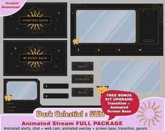 Animated dark celestial twitch package, kawaii twitch overlay, panels, alerts, cute overlays, streamer pack, web cam, sun, template overlay