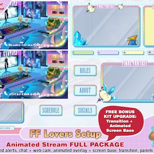 animated ff lovers setup pc final twitch package, face cam twitch overlay, twitch panels, alert, webcam, stream fantasy, game overlays pack