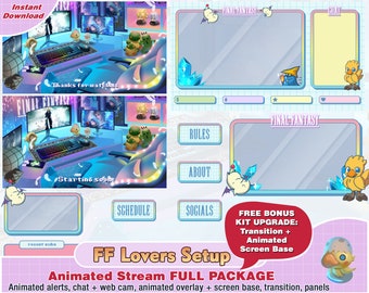 animated ff lovers setup pc final twitch package, face cam twitch overlay, twitch panels, alert, webcam, stream fantasy, game overlays pack
