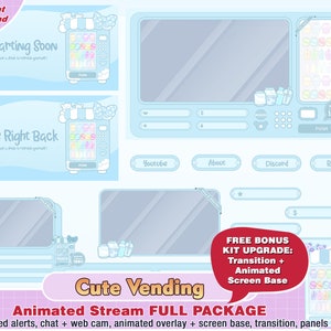 Animated vending drink machine twitch package, kawaii twitch overlay, twitch panels, alerts, cute overlays, streamer pack, aesthetic blue