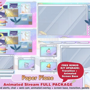 pacchetto twitch desktop con aereo di carta animato: graziose sovrapposizioni, pannelli kawaii, avvisi, webcam, pacchetto streaming, pastello, luna, gioco, simpatico banner chat
