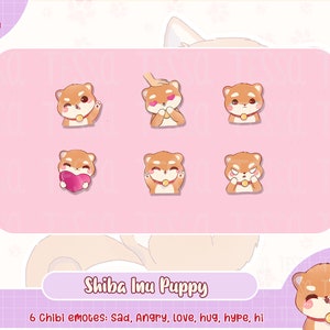 shiba inu puppy twitch emotes, cute twitch emote, discord, hi, sad, angry, hype, love, hug, dog emote, custom emote, kawaii chibi youtube