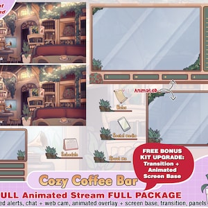 animated cozy coffee bar twitch package, cute twitch overlay, panels, alerts, cafe overlays, streamer pack, webcam scene, streaming layout