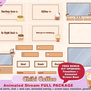 coffee twitch package, cute twitch overlay, twitch panels, twitch alerts, kawaii animated overlays, streaming clipart, coffee twitch stream