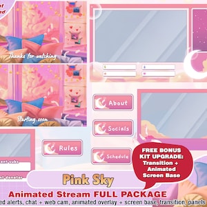 Animated pink sky crescent moon twitch package, kawaii twitch overlays, panels, alert, celestial, transition, streamer pack, stream overlay