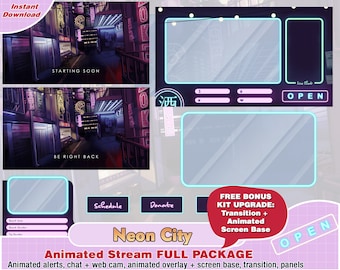animated neon city twitch package, camera twitch overlay, twitch panels, twitch alerts, night, dark, webcam, scene, discord, light, fps game