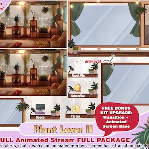 animated cute plant lover bedroom twitch package for streamer to vtuber youtube stream: overlays, panels, alerts, webcam, game, chat, banner