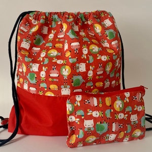Mochila com cordão/Forro impermeável/Bolsa de natação/Bolsa de mão/Artigos de higiene pessoal para bebês/Algodão vermelho/Mini animais de desenho animado/