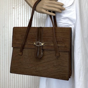 Sac Vintage 70s Marron écorce d'arbre Sac Femme rectangulaire 2 anses Sac de luxe Femme élégante chic Belle boucle Sac cartable