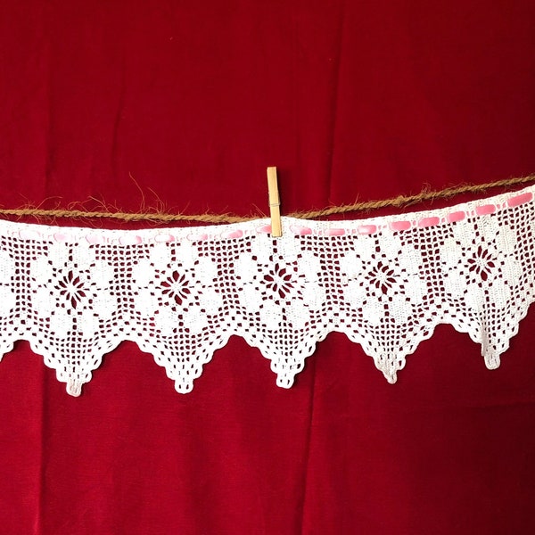 Rideau Crochet Français Panneau de fenêtre L.102cm x H.24cm Rideau Coton blanc Floral festonné Rideau de café, cuisine ou salon