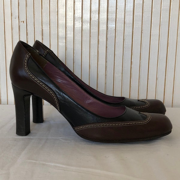 Vintage Leather Pumps Brown and Black Leather Shoes with Stitching Charles Jourdan Made in France Size 36 Two-tone pumps