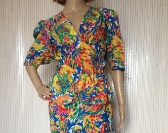 Vintage Dress Woman Dress 70s Colorful Summer Dress with Short Sleeves