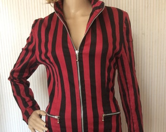 Veste Femme Rayée Coton Vintage Rouge et Noire