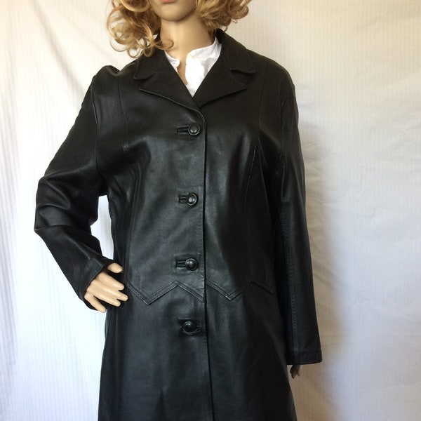 Manteau en Cuir Vintage Veste cuir noir Femme Manteau Long Minimaliste taille 42