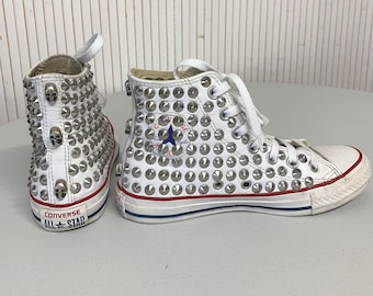 Converse All Star and Maltese Vintage White Leather Studded Sneakers, Size 36, High-Top with Skull Design