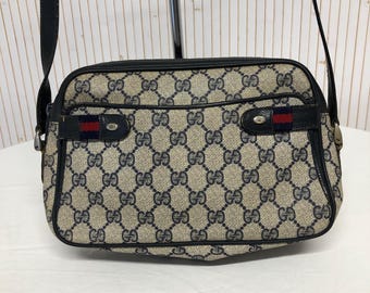 Vintage Gucci Monogram Shoulder Bag, Messenger Bag, Made in Italy, Leather and Canvas, Grey and Blue, Authentic Chic Luxury Bag