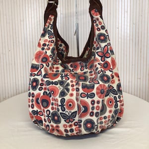 Große Vintage-Umhängetasche von Lucky Brand, Einkaufstasche aus Baumwolle und braunem Wildleder, bunter Aufdruck, Boho-Beuteltasche für Damen