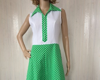 Vintage Dress Woman Dress 70s Dress White and Green Summer Dress with Peas Sleeveless