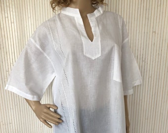 Oversized White Blouse Vintage Embroidered Summer Blouse Short Sleeves Women's Tunisian Collar Blouse Size XXXL